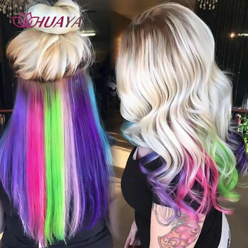HUAYA Colorful Synthetic Hair Long Straight Hair Strands On Barrettes Clip In Hair Extensions kanekalons Fake Hair Pins