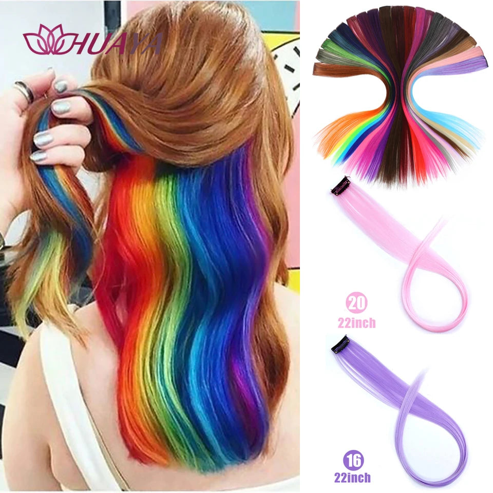 HUAYA Colorful Synthetic Hair Long Straight Hair Strands On Barrettes Clip In Hair Extensions kanekalons Fake Hair Pins