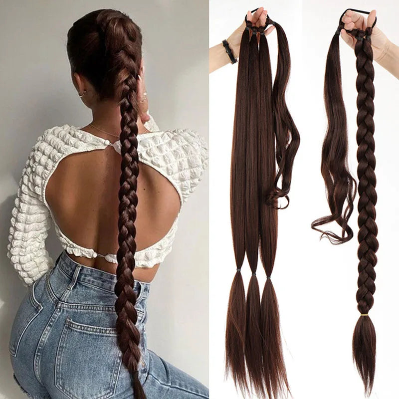 Synthetic Ponytail Long Straight Wig Extensions Boxing Braids 32 Inch Black Blonde Brown Hairstyle hair extensions for women