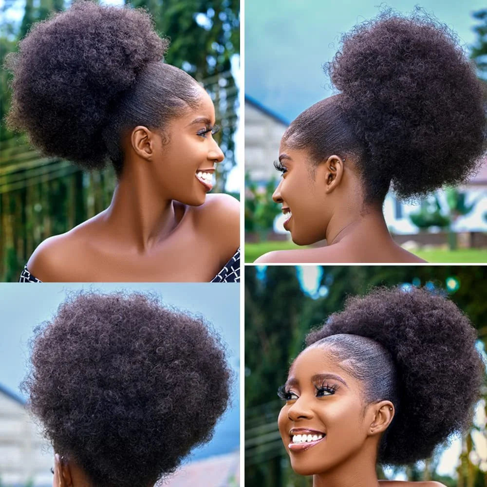 Large Afro Synthetic Puff Drawstring Ponytail 10 Inch Short Kinky Curly Hair Ponytail Hair Extensions with 2 Clips
