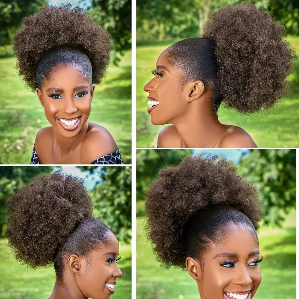 Large Afro Synthetic Puff Drawstring Ponytail 10 Inch Short Kinky Curly Hair Ponytail Hair Extensions with 2 Clips