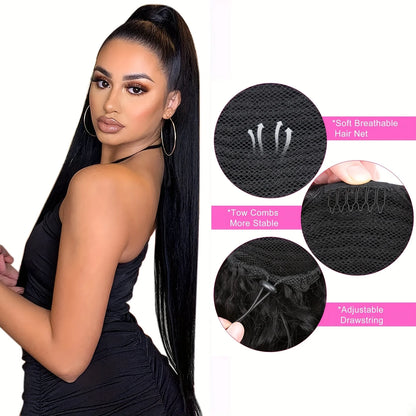 Straight Ponytail Human Hair Extension With Clip In Drawstring Ponytail Straight Brazilian 100% Human Hair Natural Clip Ponytail