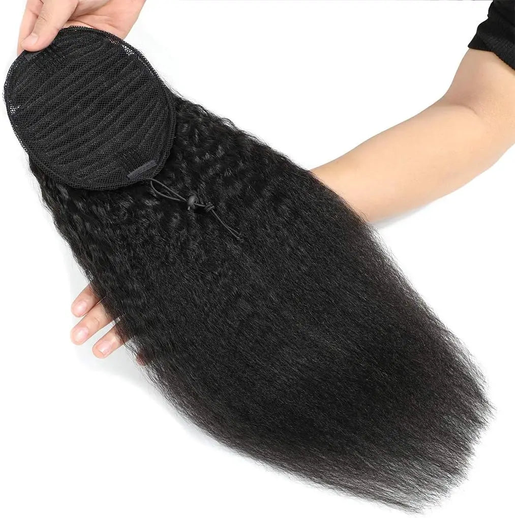 Kinky Straight Ponytail Human Hair Extension 100% Real Human Hair Wrap Around Drawstring In Ponytail Natural Black #1B For Women