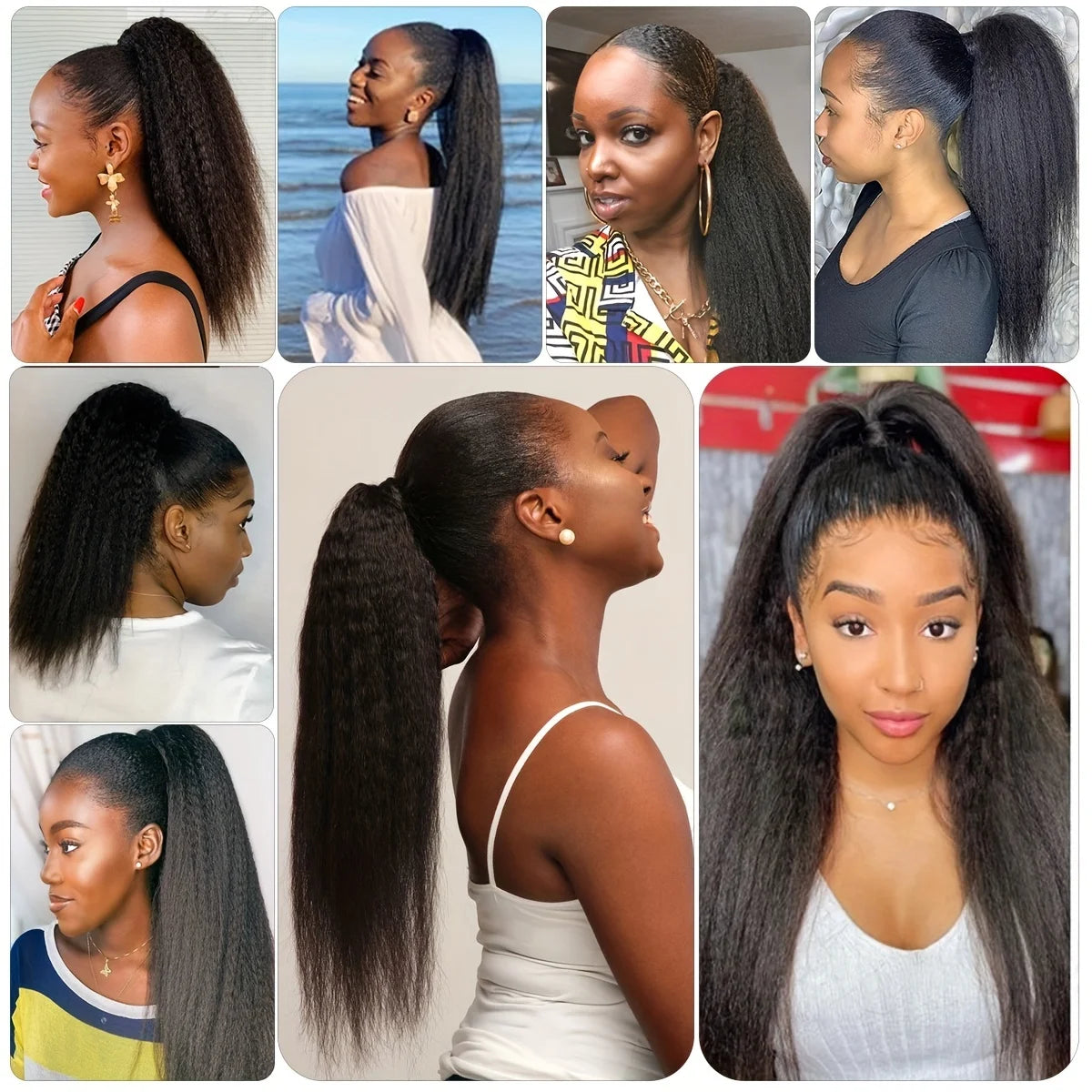 Kinky Straight Ponytail Human Hair Extension 100% Real Human Hair Wrap Around Drawstring In Ponytail Natural Black #1B For Women