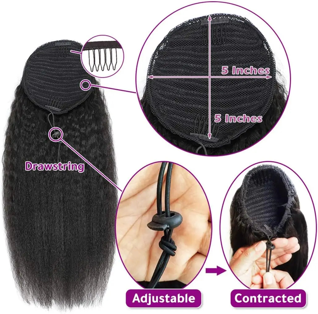 Kinky Straight Ponytail Human Hair Extension 100% Real Human Hair Wrap Around Drawstring In Ponytail Natural Black #1B For Women