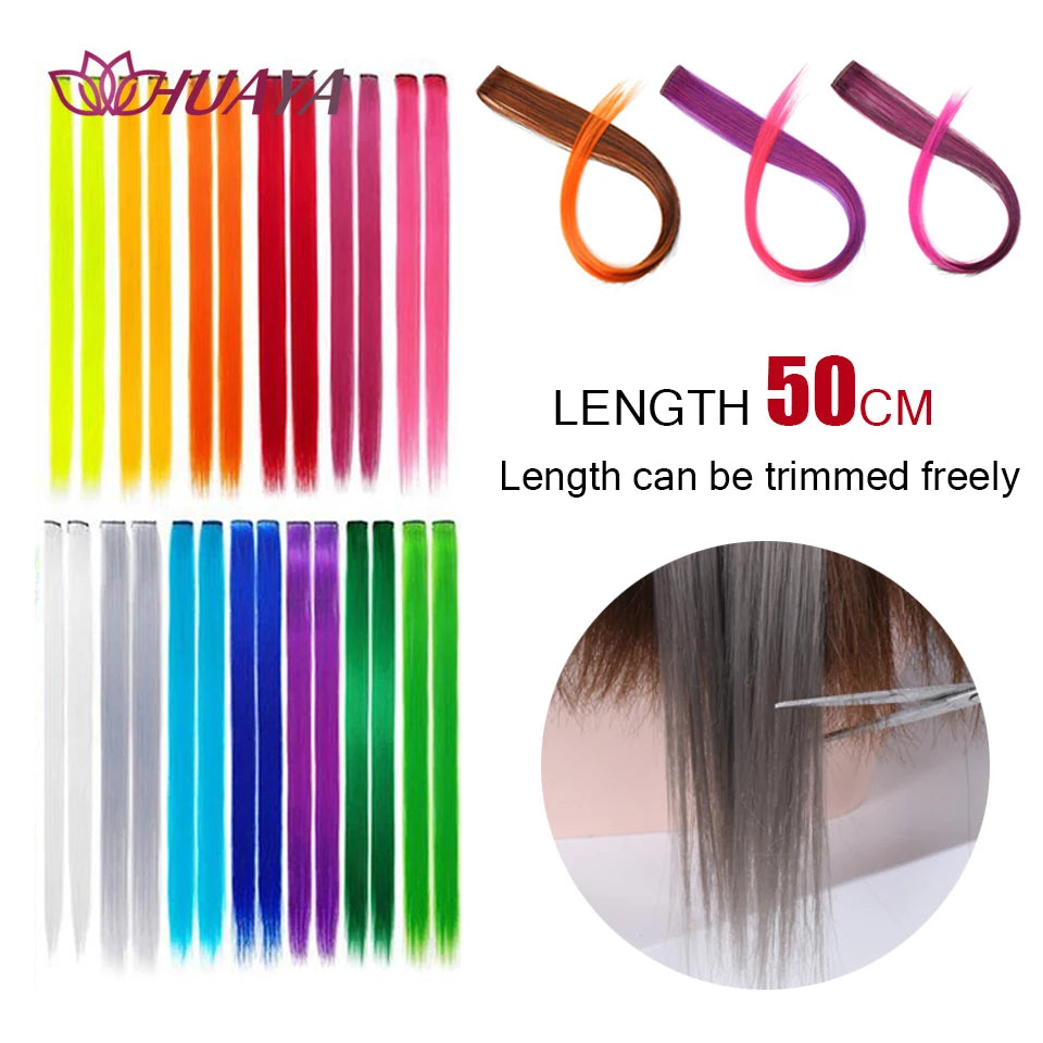 HUAYA Colorful Synthetic Hair Long Straight Hair Strands On Barrettes Clip In Hair Extensions kanekalons Fake Hair Pins