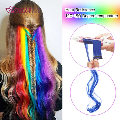 HUAYA Colorful Synthetic Hair Long Straight Hair Strands On Barrettes Clip In Hair Extensions kanekalons Fake Hair Pins