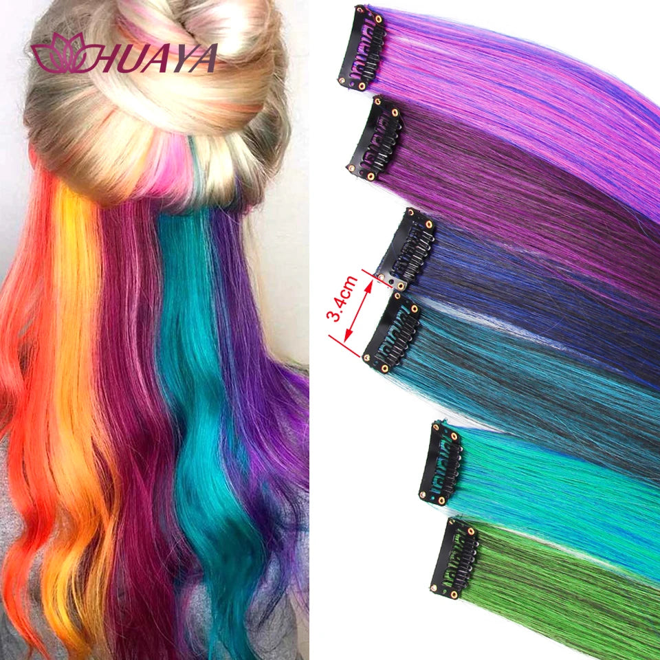 HUAYA Colorful Synthetic Hair Long Straight Hair Strands On Barrettes Clip In Hair Extensions kanekalons Fake Hair Pins