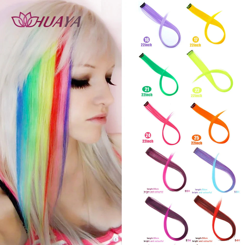 HUAYA Colorful Synthetic Hair Long Straight Hair Strands On Barrettes Clip In Hair Extensions kanekalons Fake Hair Pins