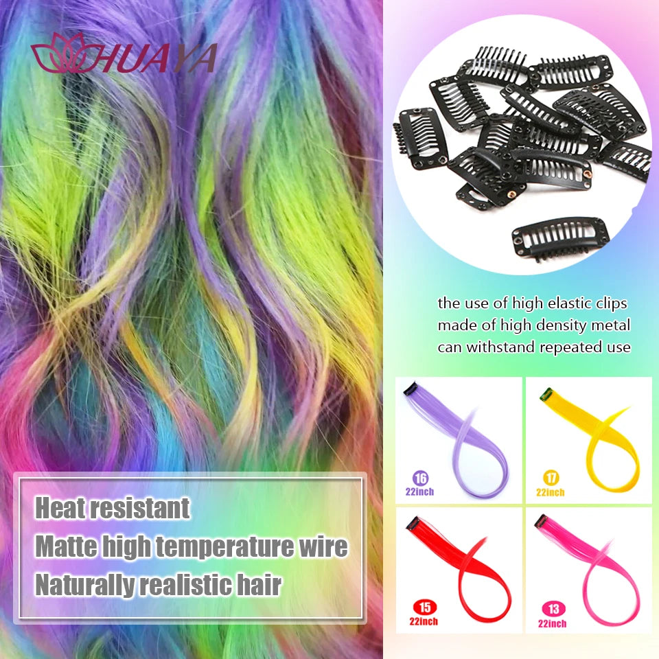 HUAYA Colorful Synthetic Hair Long Straight Hair Strands On Barrettes Clip In Hair Extensions kanekalons Fake Hair Pins