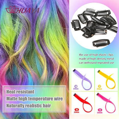 HUAYA Colorful Synthetic Hair Long Straight Hair Strands On Barrettes Clip In Hair Extensions kanekalons Fake Hair Pins