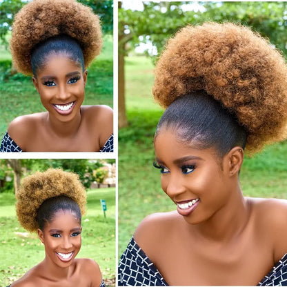 Large Afro Synthetic Puff Drawstring Ponytail 10 Inch Short Kinky Curly Hair Ponytail Hair Extensions with 2 Clips