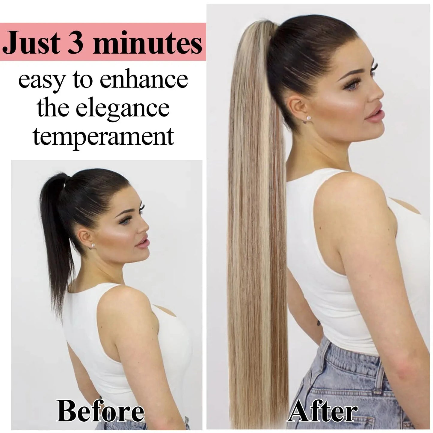 Highlight Blonde Long Ponytail 120G Clip In Hair Extensions Drawstring Straight Clip In 100% Real Human Hair Extensions #P8/613