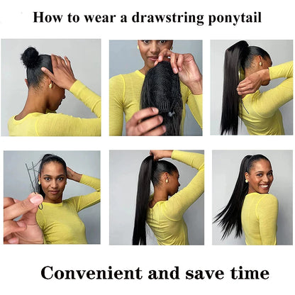 Highlight Blonde Long Ponytail 120G Clip In Hair Extensions Drawstring Straight Clip In 100% Real Human Hair Extensions #P8/613