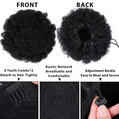 Large Afro Synthetic Puff Drawstring Ponytail 10 Inch Short Kinky Curly Hair Ponytail Hair Extensions with 2 Clips