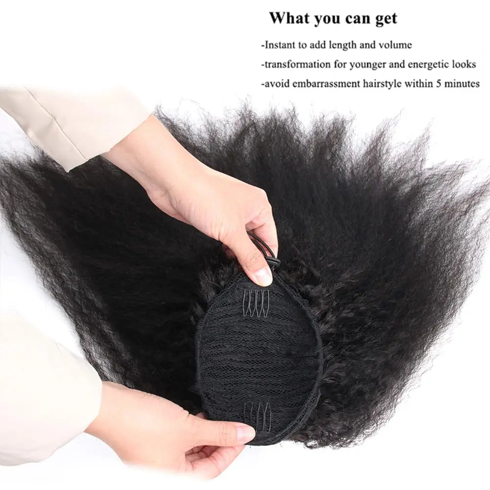 Kinky Straight Ponytail Human Hair Extension 100% Real Human Hair Wrap Around Drawstring In Ponytail Natural Black #1B For Women