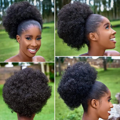 Large Afro Synthetic Puff Drawstring Ponytail 10 Inch Short Kinky Curly Hair Ponytail Hair Extensions with 2 Clips