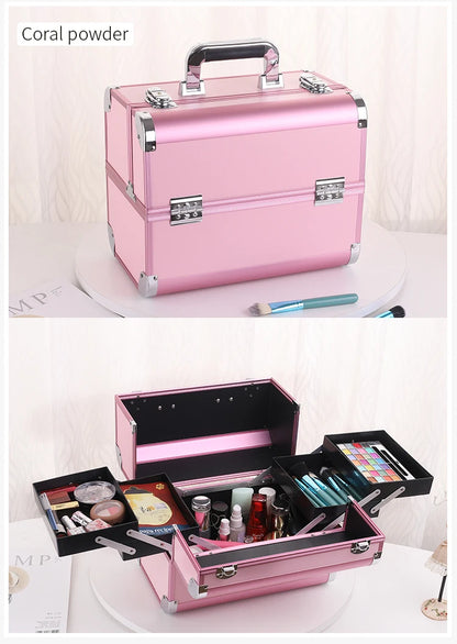 Makeup Train Case Aluminum Alloy Case Pedicure Tool Box with Handle Cosmetic Box Portable Makeup Case Organizer