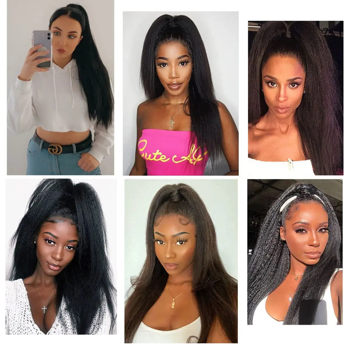 Kinky Straight Ponytail Human Hair Extension 100% Real Human Hair Wrap Around Drawstring In Ponytail Natural Black #1B For Women