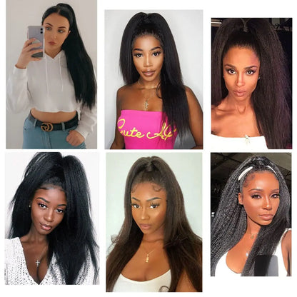 Kinky Straight Ponytail Human Hair Extension 100% Real Human Hair Wrap Around Drawstring In Ponytail Natural Black #1B For Women