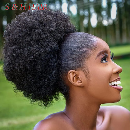 Large Afro Synthetic Puff Drawstring Ponytail 10 Inch Short Kinky Curly Hair Ponytail Hair Extensions with 2 Clips