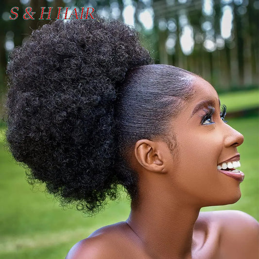Large Afro Synthetic Puff Drawstring Ponytail 10 Inch Short Kinky Curly Hair Ponytail Hair Extensions with 2 Clips