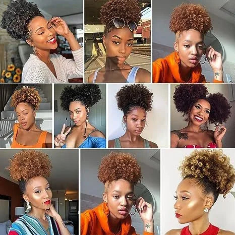 Large Afro Synthetic Puff Drawstring Ponytail 10 Inch Short Kinky Curly Hair Ponytail Hair Extensions with 2 Clips