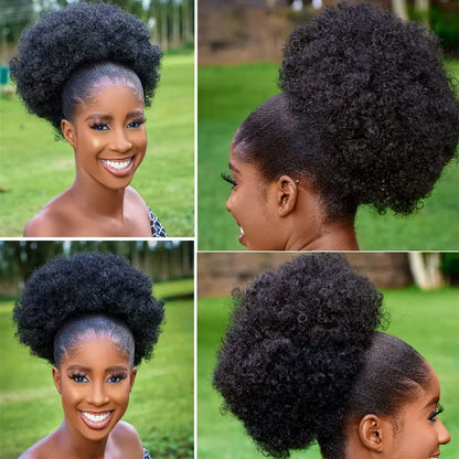 Large Afro Synthetic Puff Drawstring Ponytail 10 Inch Short Kinky Curly Hair Ponytail Hair Extensions with 2 Clips