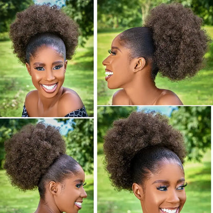 Large Afro Synthetic Puff Drawstring Ponytail 10 Inch Short Kinky Curly Hair Ponytail Hair Extensions with 2 Clips