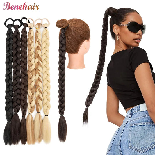 Benehair 24inch Long Braid Ponytail Extension with Elastic Tie Braid Hair Natural Soft Synthetic Hairpieces for Women Daily Wear