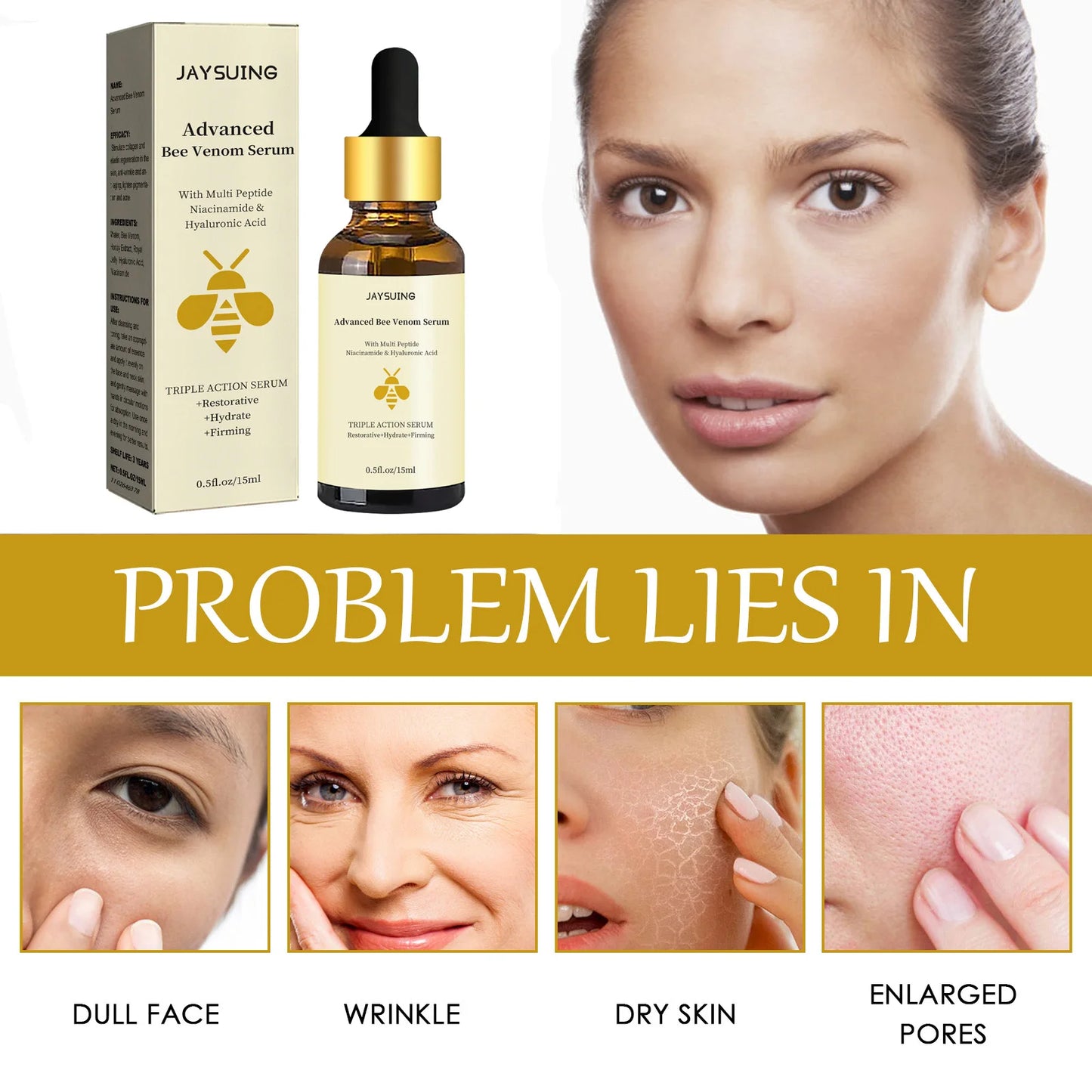 1/2/3pcs Bee Venom Facial Serum Face Essence Wrinkle Reduction Skin Tightening Natural Collagen Booster Hyaluronic Acid  Essence